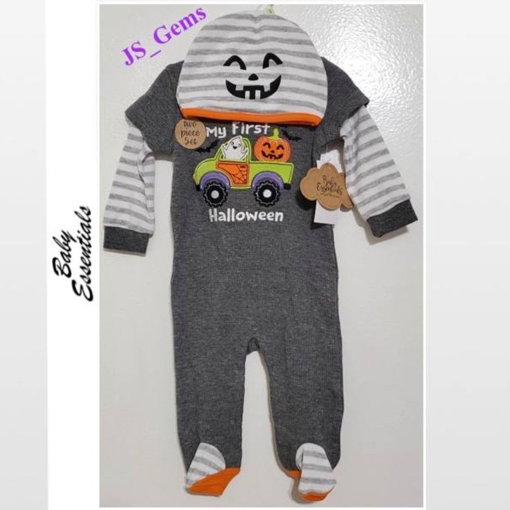 New Baby 1st Halloween Boy Sleeper Grey Thermal Romper Set
